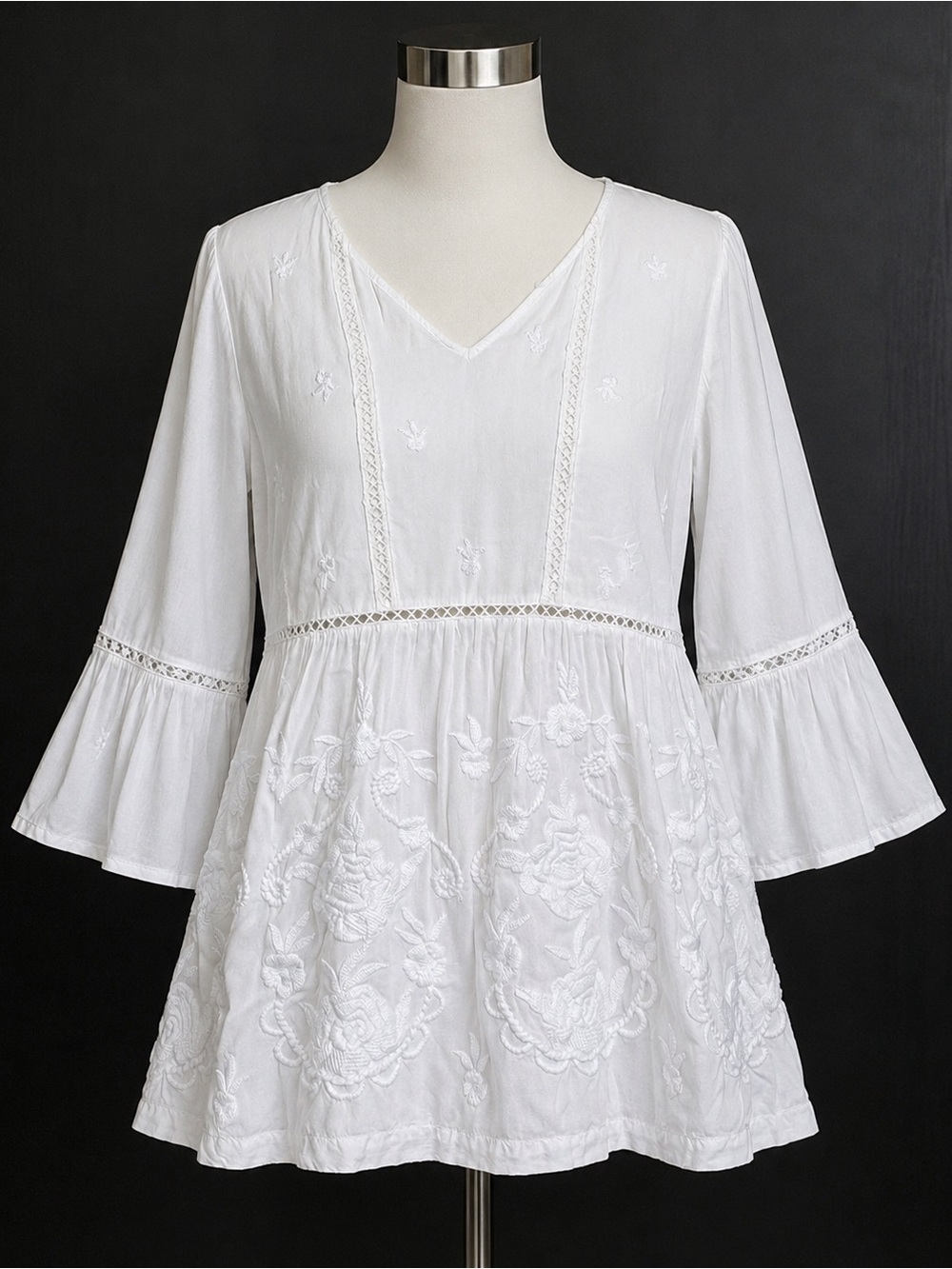 Spiaggia Dolce White Embroidered Boho Bell Sleeve Tunic Top Sz L Cottagecore